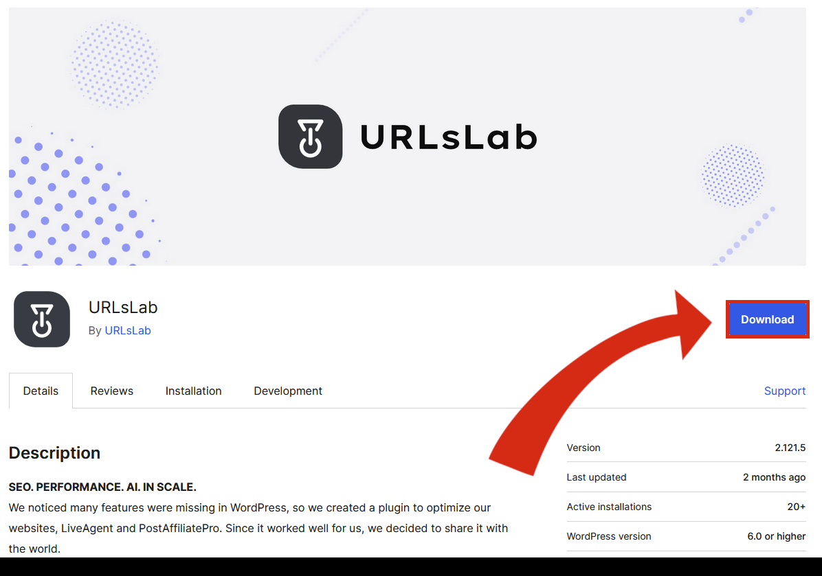 WordPress plugin repository page for URLsLab