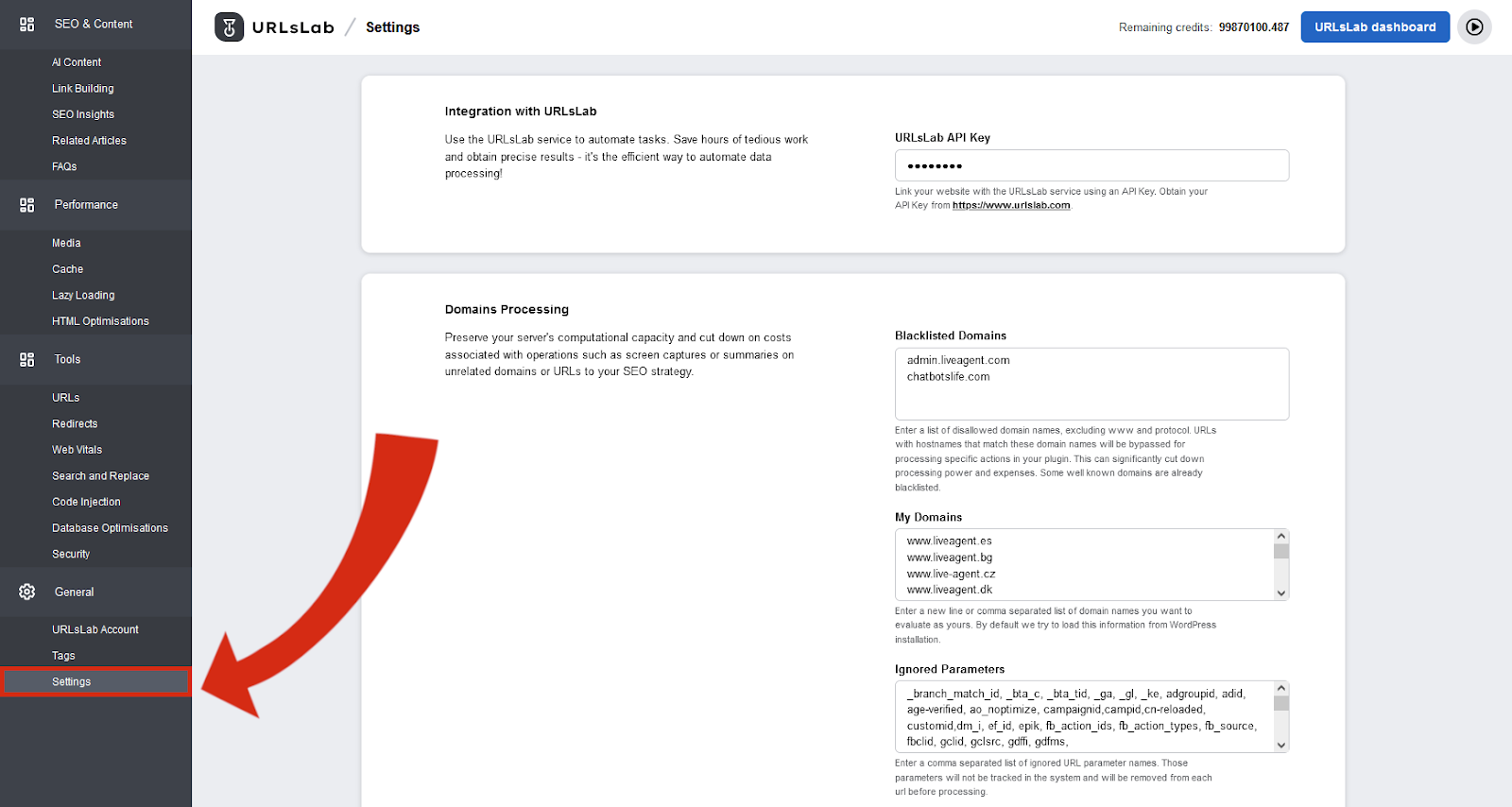 “Settings” menu on the URLsLab dashboard